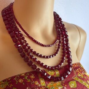 SAACHI Deep Ruby Red Layered Crystal Glass Necklace